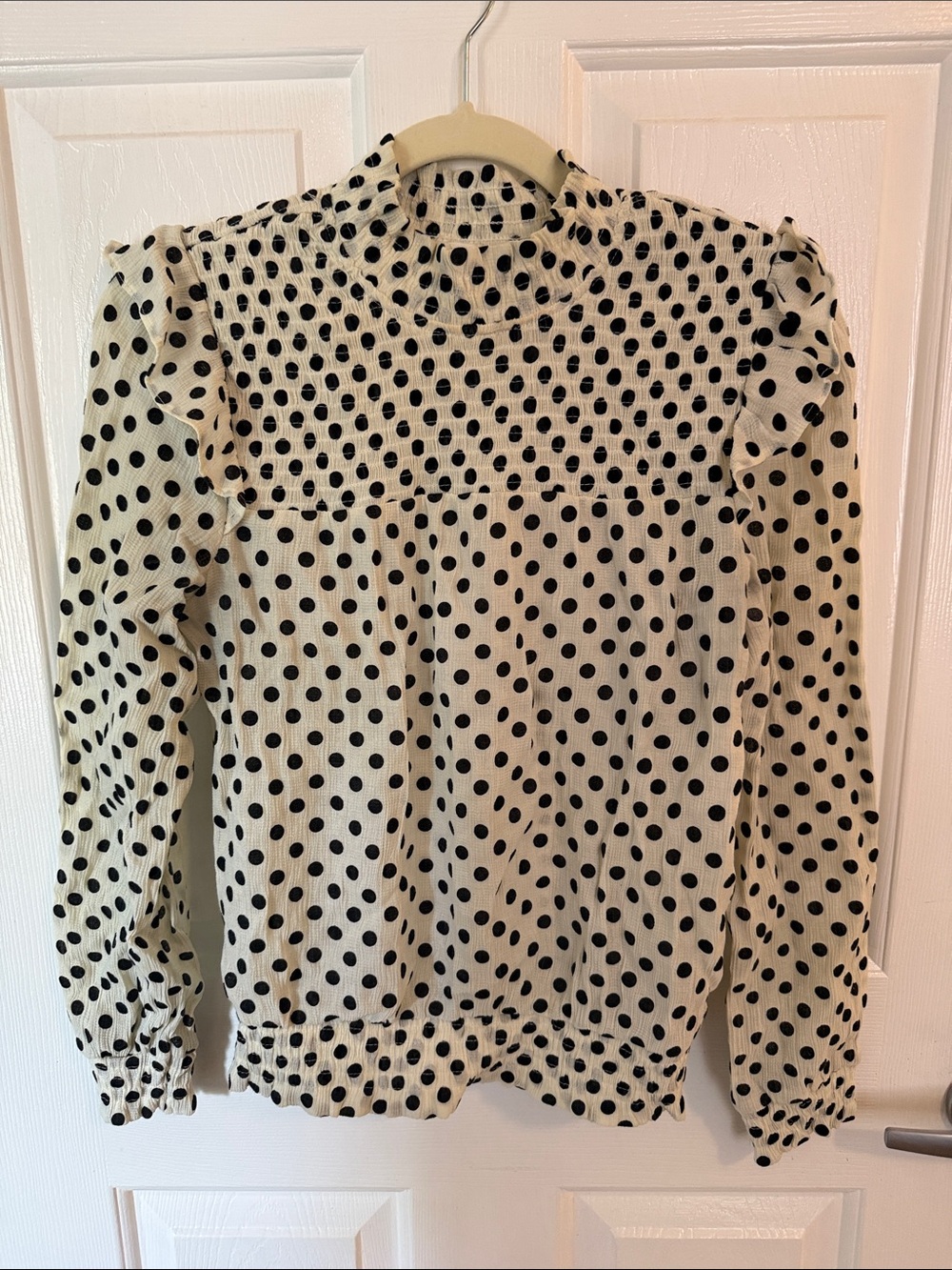 Polka Dot Ruffle-Shoulder Blouse